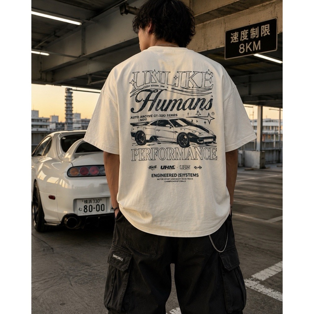 Unlike Humans Performance Graphic‎ T Shirt Cream Large Oversized Y2K JDM Car Tee